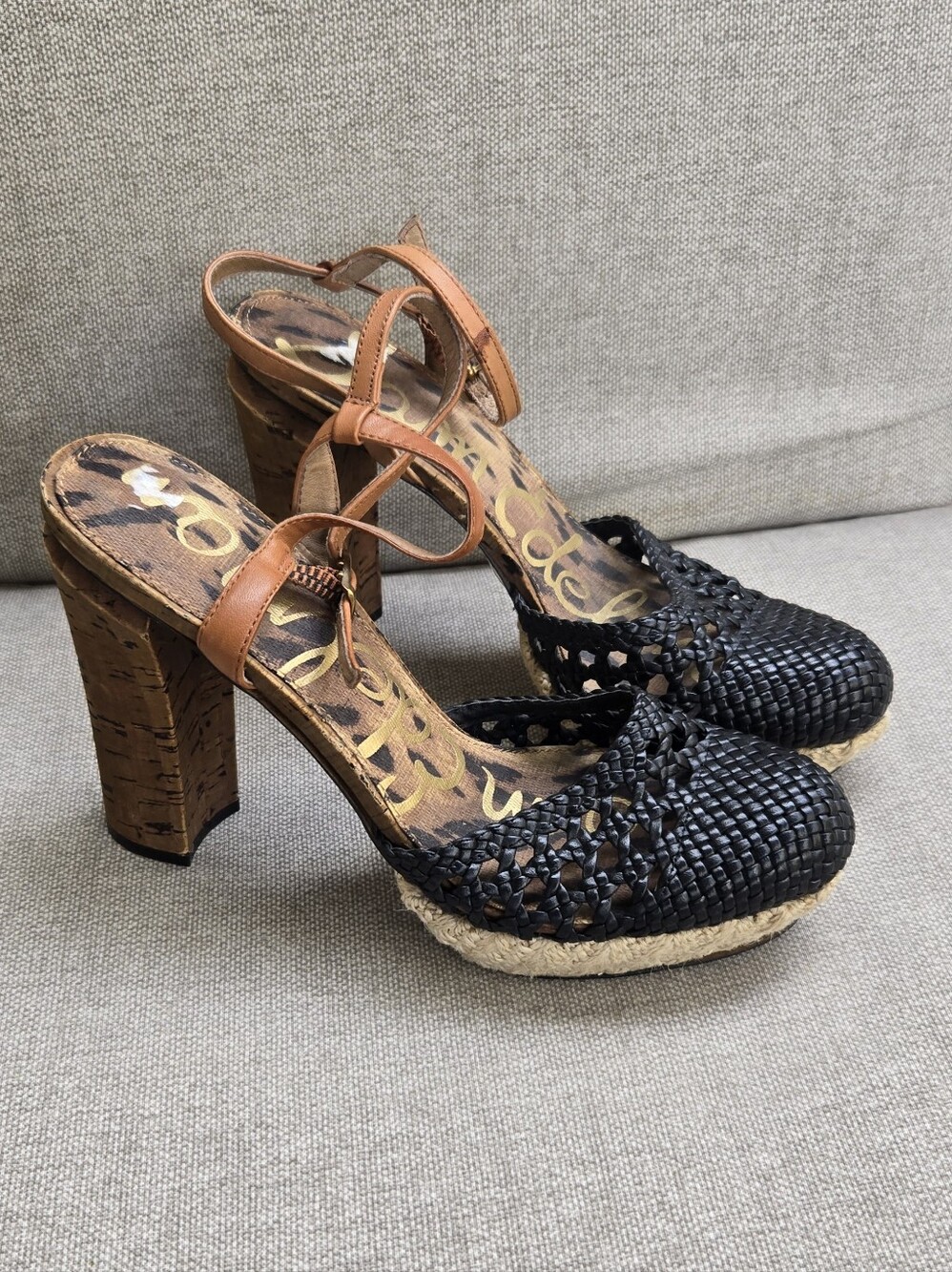 Sam Edelman Rella Black Woven Platform Sandal with Tan Ankle Strap